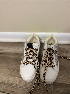 NOBO White Glitter Sneakers with Leopard Laces and Neon Heel